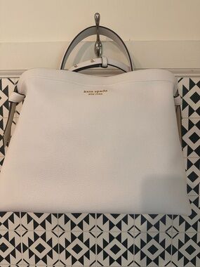 kate spade White Pebbled Leather Top-Handle Tote with Gold Logo